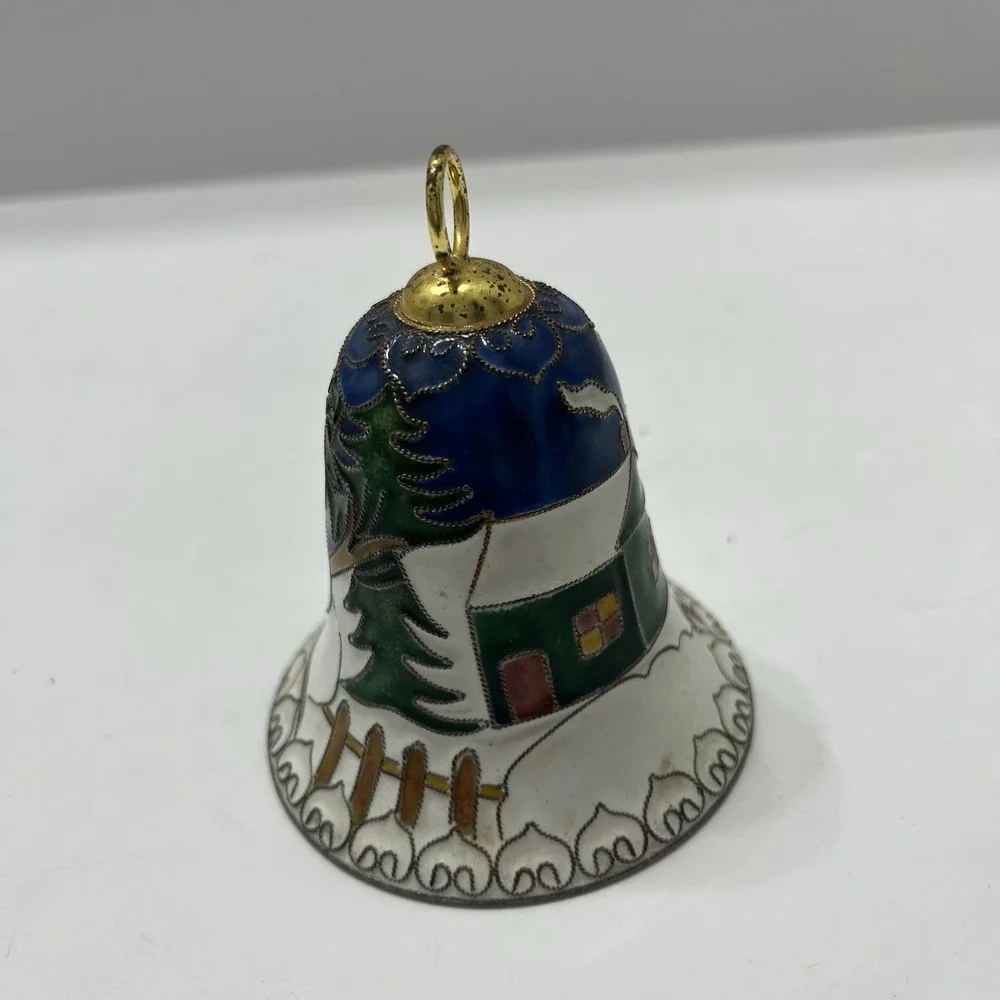 Vintage Christmas Cloisonné Bell Tree Ornament Snowman 3.25